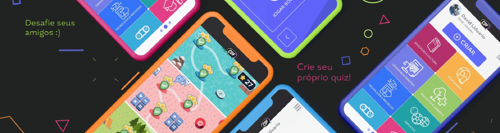 Imagem de cinco celulares em cima de uma superfície preta. Todos os aparelhos estão ligados e conectados no app CDF