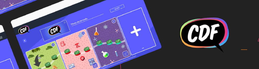 Logomarca do app CDF à direita e à esquerda uma tela mostrando uma das páginas coloridas do app